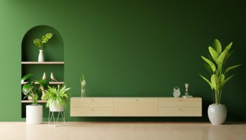 Wood sideboard in green living room with copy space, 3D renderin