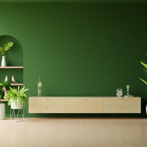 Wood sideboard in green living room with copy space, 3D renderin
